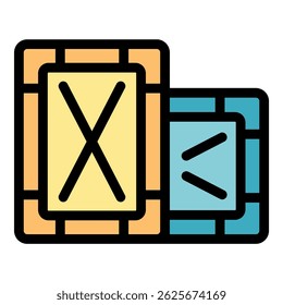 Simple colorful icon representing comparing different sizes of crates, parcels, or boxes, useful for delivery, logistics, and shipping industries