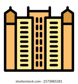 Simple colorful icon representing a modern multi storey building facade with towers, suitable for architecture or tourism related designs
