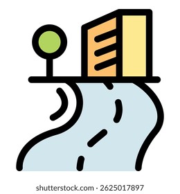Einfache und farbenfrohe Ikone, die einen Fluss darstellt, der in der Nähe eines modernen Gebäudes und eines Baumes fließt und die Stadtentwicklung und die Natur symbolisiert