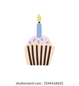 Una ilustración simple y colorida de un cupcake con una envoltura a rayas y una sola vela. Perfecto para celebraciones de cumpleaños y ocasiones festivas