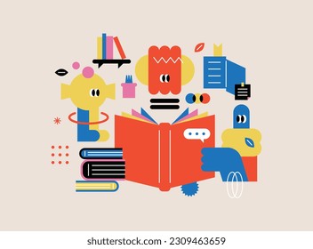 
A simple and colorful illustration expressing the reading of a book. mobile reading. collection of abstract shapes.