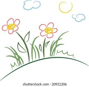 Simple colorful illustration of flowers on a hill (vector)