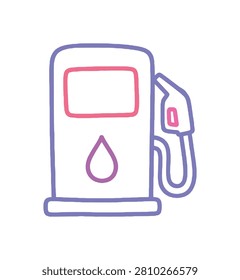 A simple, colorful illustration of a fuel pump, featuring a prominent drop icon, representing gasoline or petrol dispensing at a station.