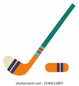 A simple and colorful illustration of a hockey stick and puck, perfect for adding a touch of sports spirit to your designs. This graphic is ideal for websites, social media.