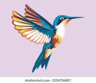 A simple, colorful illustration hummingbird flying with its wings spread wide against a pink background