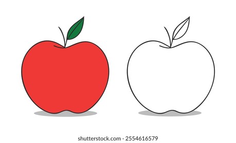 A simple, colorful illustration of a red apple designed for kids' coloring books. Minimal, logotype with clear outlines, green leaf, and white background, symbolizing health, freshness, learning png