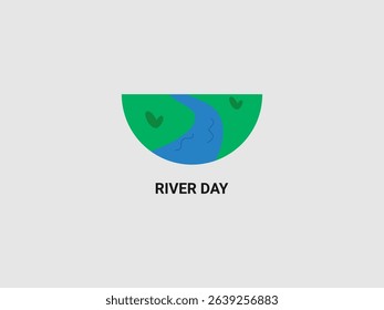 A simple and colorful illustration showing a winding blue river flowing through green land within a semi circular frame