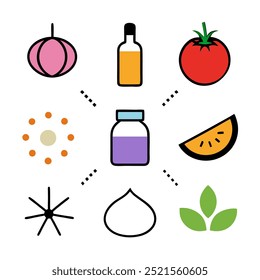 A simple and colorful illustration of various food ingredients, including garlic, tomato, watermelon, oil, and spices. Perfect for use in recipe books, food blogs, or any culinary-themed design.