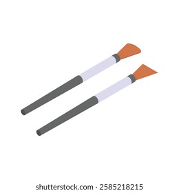 Simple, colorful isometric icons of two makeup brushes.