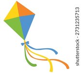 Simple colorful kite with flowing ribbons in clean flat vector style. Minimal illustration with bright shapes and smooth lines on white background. Suitable for children designs, spring and summer themes, education materials, posters, prints, banners, and decorative projects