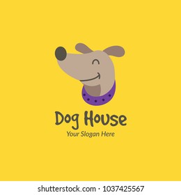 Simple colorful logotype with dog for vet clinic, pet shop, dog training or dog shelter. 
Vector illustration in modern flat line style.
