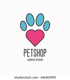 Simple colorful logotype with paw for vet clinic, pet shop, dog training or dog shelter. Vector illustration in modern flat line style. 
