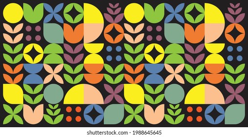 Simple colorful minimalist geometric abstract nature artwork poster. Circle, leaf, semicircle and flower vector pattern design in Scandinavian style. Good for wallpapers, backgrounds, web and banners.