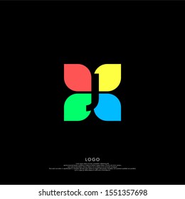simple colorful modern flower J logo letter technology design concept isolated on black background. vector illustration.