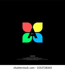 simple colorful modern flower A logo letter technology design concept isolated on black background. vector illustration.