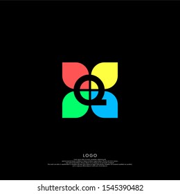 simple colorful modern flower Q logo letter technology design concept isolated on black background. vector illustration.