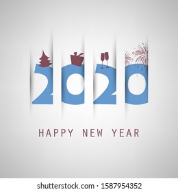 Simple Colorful New Year Card, Cover or Background Design Template With Christmas Tree, Gift Box, Drinking Glasses And Fireworks - 2020