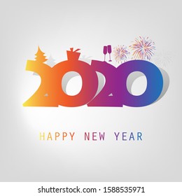 Simple Colorful New Year Card, Cover or Background Design Template With Christmas Tree, Gift Box, Drinking Glasses And Fireworks - 2020