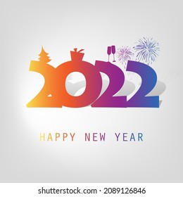 Simple Colorful New Year Card, Cover or Background Design Template With Christmas Tree, Gift Box, Drinking Glasses And Fireworks - 2022