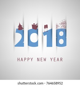 Simple Colorful New Year Card, Cover or Background Design Template With Christmas Tree, Gift Box, Drinking Glasses And Fireworks - 2018