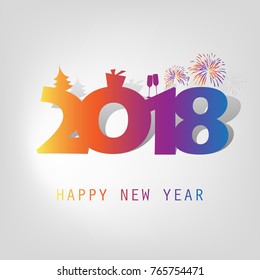  Simple Colorful New Year Card, Cover or Background Design Template With Christmas Tree, Gift Box, Drinking Glasses And Fireworks - 2018