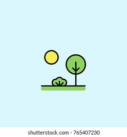 Simple and colorful outline illustration of forest or park landscape with tree, bush and sun