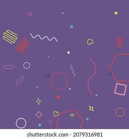 Simple Colorful Oval Rectangle Yellow Bright Blue Background. Violet Green Hearts Pastel Pink Purple Geometrical Design. Dark Polygonal Circle Lime Orange Zigzag Ring Simple Hipster Art.