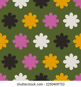 Simple and colorful pattern with geometrical flowers. Abstract seamless floral texture.