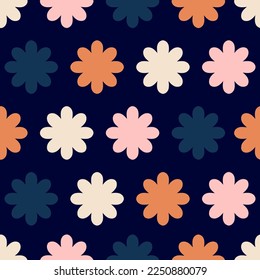 Simple and colorful pattern with geometrical flowers. Abstract seamless floral texture.