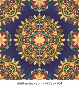 Simple colorful pattern of mandalas on a purple background. Floral oriental ornament. Template for textile.