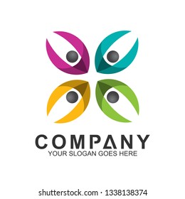 simple and colorful people group logo design for social relationship, healthy and happy family, charity icon, adoption and parenting, human community care.