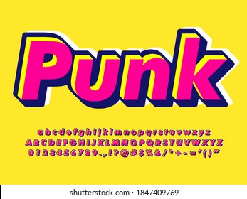Simple colorful pop art font. Pink alphabet with yellow highlight and bold outline. Alphabet, number and symbol