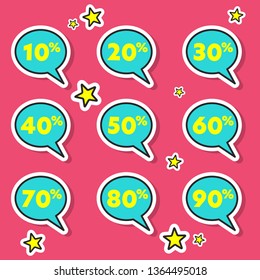 Simple colorful sale stickers template, 10 off, 20, 30%, 40, 50, 60, 70, 80, percent sale label symbols, discount promotion flat icon - vector