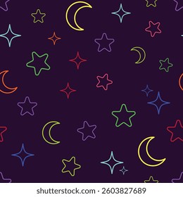 Simple colorful seamless line art vector pattern of space with stars and moon.