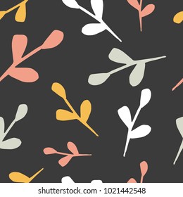 Simple colorful seamless pattern with hand drawn abstract leaves on dark background. For printing for modern and original textile, wrapping paper, wall art design