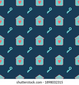 Simple colorful seamless pattern with houses and keys. Vector stylish background for textile, wrapping paper, wallpaper