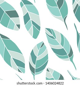 Simple colorful seamless pattern with leaves. Green background. Graphic design for paper, textile print, page fill. Abstract floral texture with hand drawn modern plants