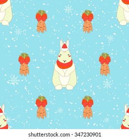 Simple colorful seamless Pattern for printing onto fabric. Animal wallpaper. Vector Illustration of a cute little bunny. Christmas background.