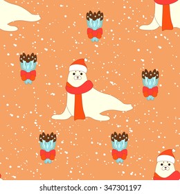 Simple colorful seamless Pattern for printing onto fabric. Animal wallpaper. Vector Illustration of a cute Harp seal with a personal Christmas gift. Christmas background.