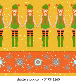 Simple colorful seamless Pattern for printing onto fabric. Animal wallpaper. Vector Illustration of a cute Santa Helpers. Christmas background.
