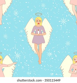 Simple colorful seamless Pattern for printing onto fabric. Holiday wallpaper. Vector Illustration of a cute Angel with a candle. Christmas background.