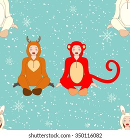 Simple colorful seamless Pattern for printing onto fabric. Holiday wallpaper. Vector Illustration of a cute little kids. Christmas background.