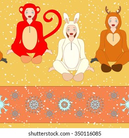 Simple colorful seamless Pattern for printing onto fabric. Holiday wallpaper. Vector Illustration of a cute little kids. Christmas background.