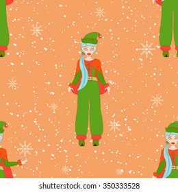 Simple colorful seamless Pattern for printing onto fabric. Holiday wallpaper. Vector Illustration of cute Santa Helpers. Christmas background.