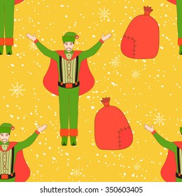 Simple colorful seamless Pattern for printing onto fabric. Holiday wallpaper. Vector Illustration of cute Santa Helpers. Christmas background.
