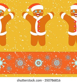 Simple colorful seamless Pattern for printing onto fabric. Holiday wallpaper. Vector Illustration of a cute Ginger bread with a red Santa hat. Christmas background.
