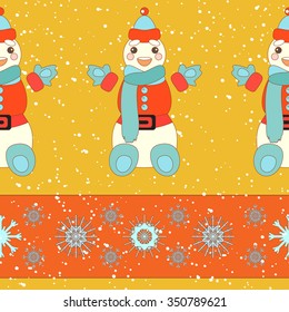 Simple colorful seamless Pattern for printing onto fabric. Holiday wallpaper. Vector Illustration of a happy Snowman. Christmas background.
