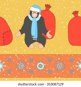 Simple colorful seamless Pattern for printing onto fabric. Holiday wallpaper. Vector Illustration of a monkey chimpanzee. Christmas background.