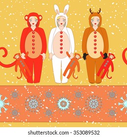 Simple colorful seamless Pattern for printing onto fabric. Holiday wallpaper. Vector Illustration of cute little kids. Christmas background.