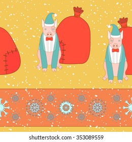 Simple colorful seamless Pattern for printing onto fabric. Animal wallpaper. Vector Illustration of a cute little pigs and a Santa sacks. Christmas background.